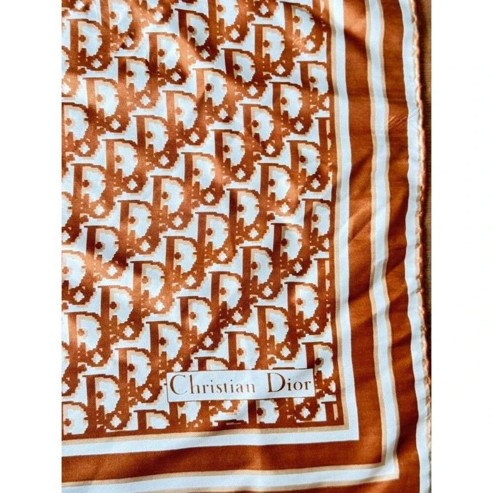 Christian Dior Silk Ivory Brown Trotter Square Scarf Luxury Old Money Classic